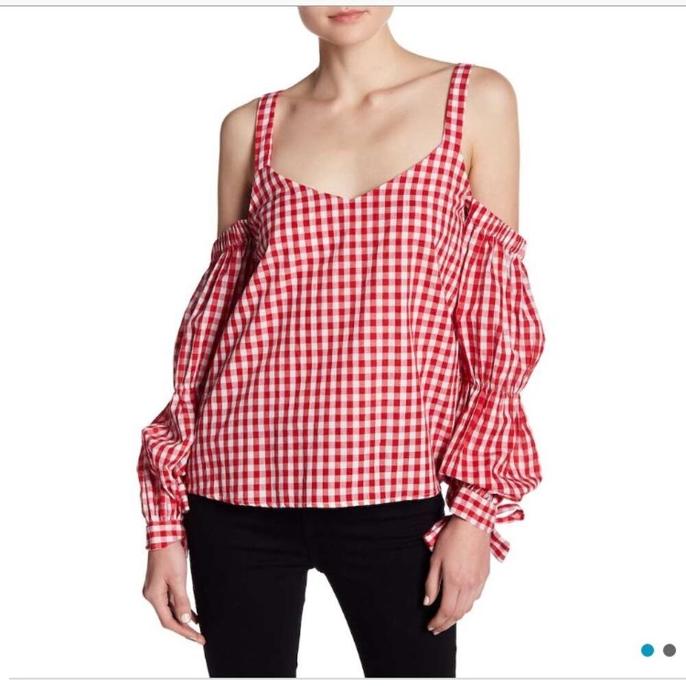 Romeo & Juliet Couture Red and White Gingham Cold-Shoulder Blouse